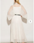 Pleated long dress with organza pleated cape sleeves in White