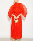 Pleated long dress with organza pleated cape sleeves in Red