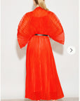 Pleated long dress with organza pleated cape sleeves in Red
