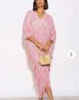 Layers Multi Fringed Tassel Pleated Midi Dress in Pink