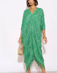 Layers Multi Fringed Tassel Pleated Midi Dress in Green