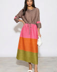 Multi-Colour Pleated Midi Dress With Adjustable Waist In Grey