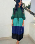 Multi-Colour Pleated Midi Dress With Adjustable Waist In Green