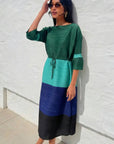 Multi-Colour Pleated Midi Dress With Adjustable Waist In Green
