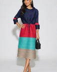 Multi-Colour Pleated Midi Dress With Adjustable Waist In Blue