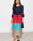 Multi-Colour Pleated Midi Dress With Adjustable Waist In Blue