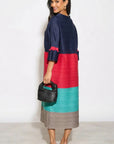 Multi-Colour Pleated Midi Dress With Adjustable Waist In Blue