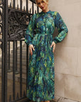 Green blue leaves Scarf print Full pleated long Shirt dress