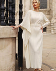 Pleated Maxi Dress with Statement Belt In Cream
