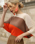 Beige Colour Block Pleated Top and Skirt Co-ords Suits
