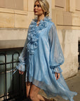 Rose Floral Tie-Neck Oversized Midi Dress In Blue