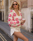 Statement Crochet Flower Cardigan – Cream & Pink