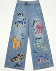 Denim Print Animal Graffiti Pleated Wide Leg Trousers