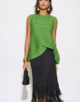 Olive Green Pleated Sleeveless Swing Top