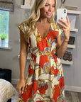 Vintage Print V-Neck Skater Mini Dress