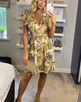 Vintage Print V-Neck Skater Mini Dress