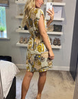 Vintage Print V-Neck Skater Mini Dress