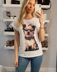 Cute dog and sun-glass print T-shirt