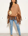 Faux Leather Tassel Camel Knitted Cape