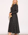 Embellished Button Front Maxi Shirt Dress with Tie Belt