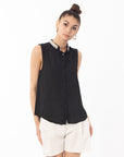 Pearl Embellished Neckline Sleeveless Top (Black)