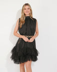 Stand Collar Shift Dress With Heavily Gathered Tiered Mesh Frills Shirt Hem Design In Black