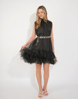 Stand Collar Shift Dress With Heavily Gathered Tiered Mesh Frills Shirt Hem Design In Black