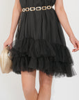 Stand Collar Shift Dress With Heavily Gathered Tiered Mesh Frills Shirt Hem Design In Black