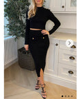 Long sleeves top with buttons design and midi skirt co-ords suits in black