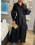 Puff sleeve shirt dress with tiered hem skirt in black