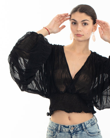 Elaticated body and sleeves oversized top in Black