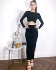 Scalloped shape knit top with diamonded chain embellish and midi skirt co-ords in black