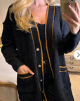 Jacquard design knit Long Cardigan with Gold Trim design in Black