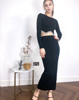 Scalloped shape knit top with diamonded chain embellish and midi skirt co-ords in black