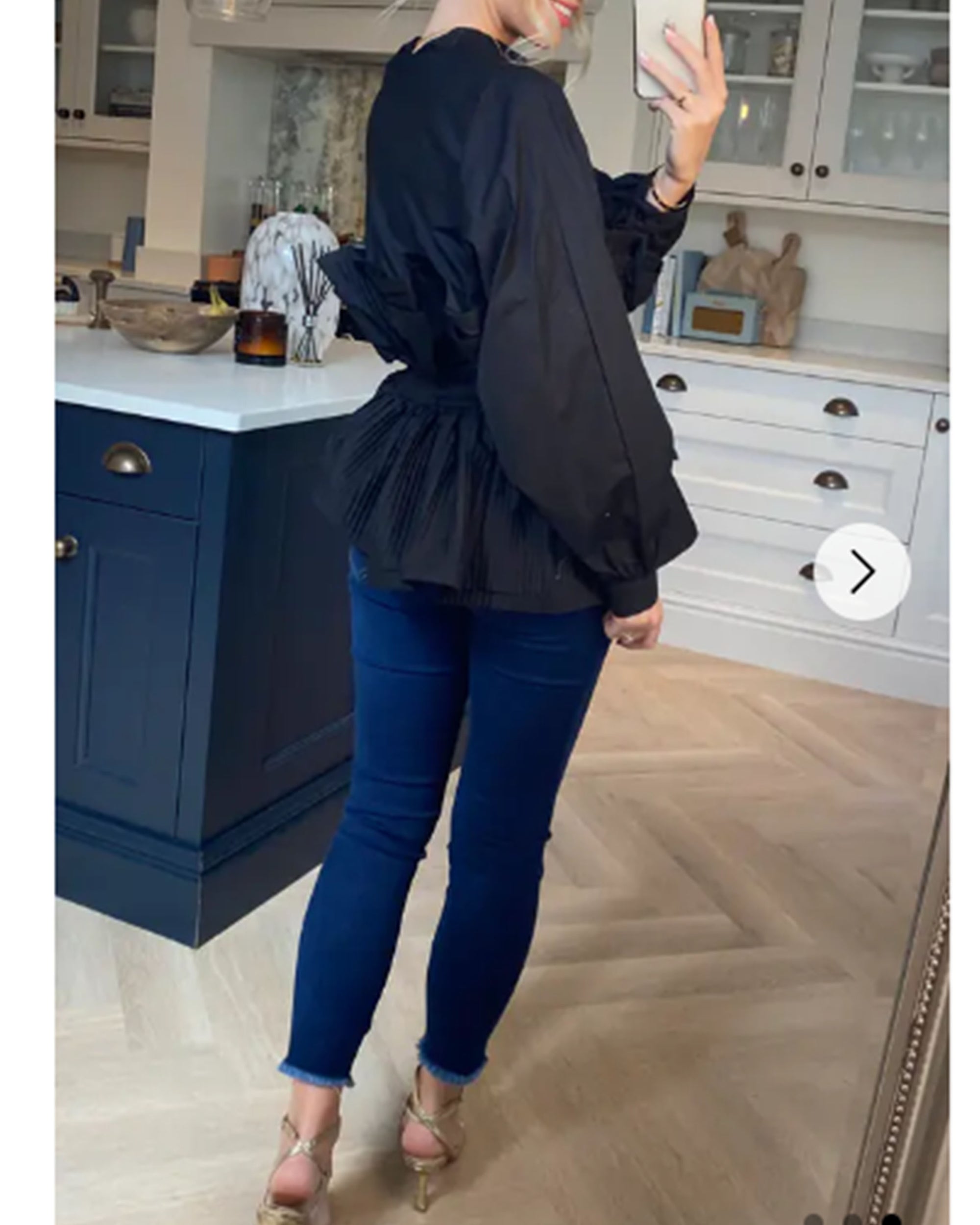 Ruffle design around chest and hem cotton shirt in Black