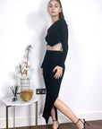 Scalloped shape knit top with diamonded chain embellish and midi skirt co-ords in black