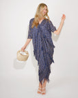 Layers Multi Fringed Tassel Pleated Midi Dress in Navy blue
