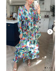 Floral Print Ruffl Multi Layer Hem design Maxi Dress in Blue