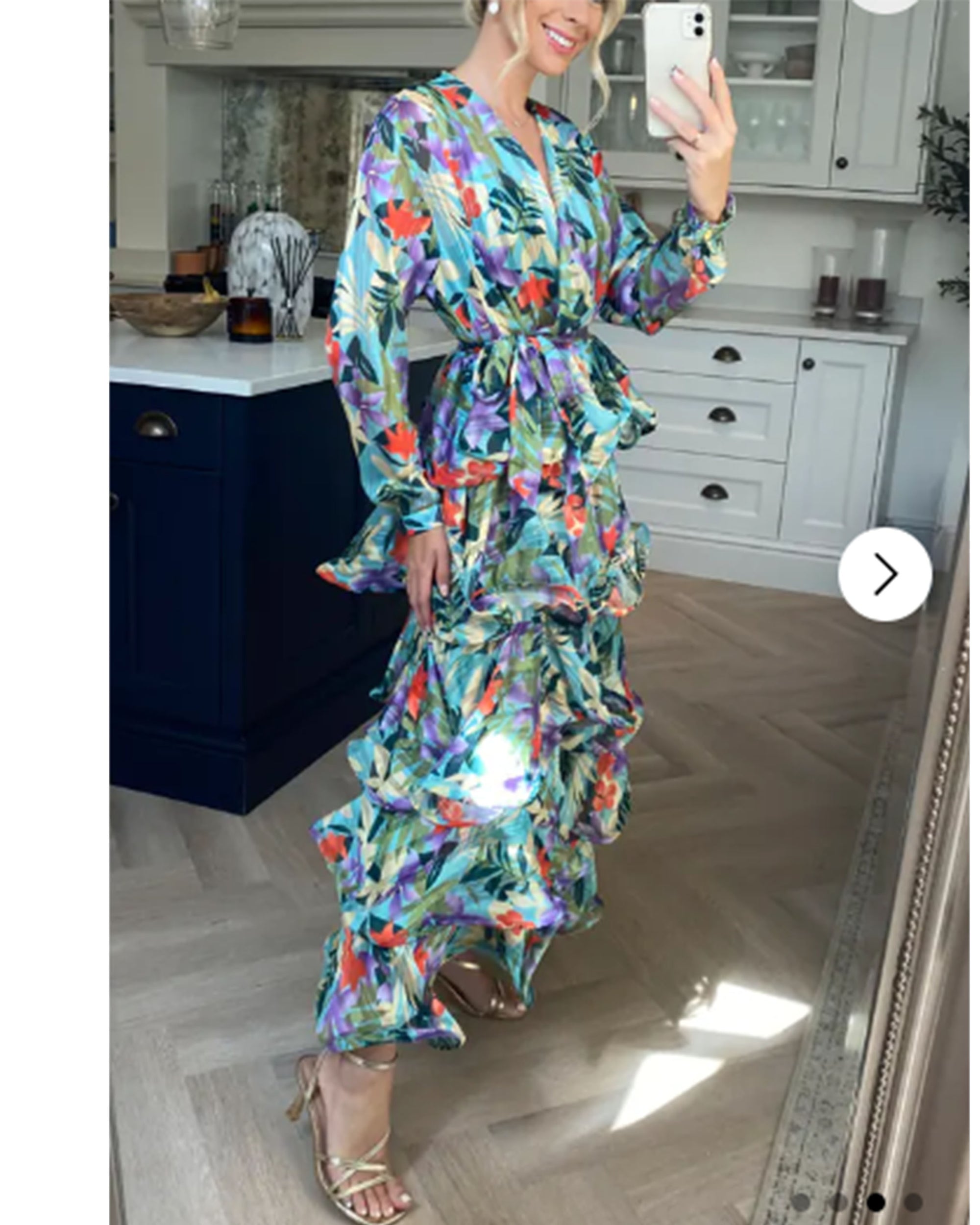 Floral Print Ruffl Multi Layer Hem design Maxi Dress in Blue