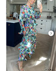 Floral Print Ruffl Multi Layer Hem design Maxi Dress in Blue