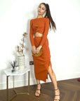 Long Sleeve Knit crop top with side lace up midi skirt co-ords in brown