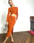 Long Sleeve Knit crop top with side lace up midi skirt co-ords in brown