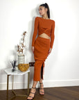 Long Sleeve Knit crop top with side lace up midi skirt co-ords in brown