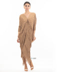 Layers Multi Fringed Tassel Pleated Midi Dress in Mocca