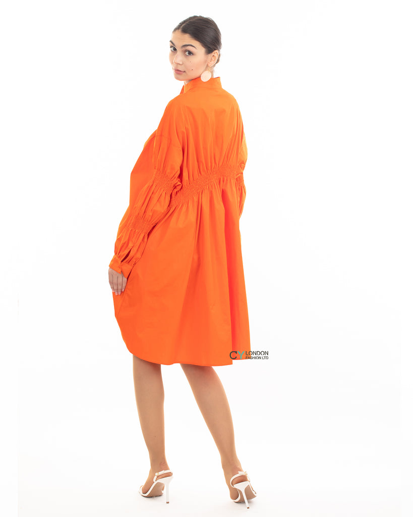 Asymmetry with Elasticated design cotton blend shirt dress in orange