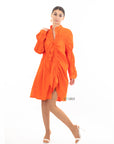 Asymmetry with Elasticated design cotton blend shirt dress in orange