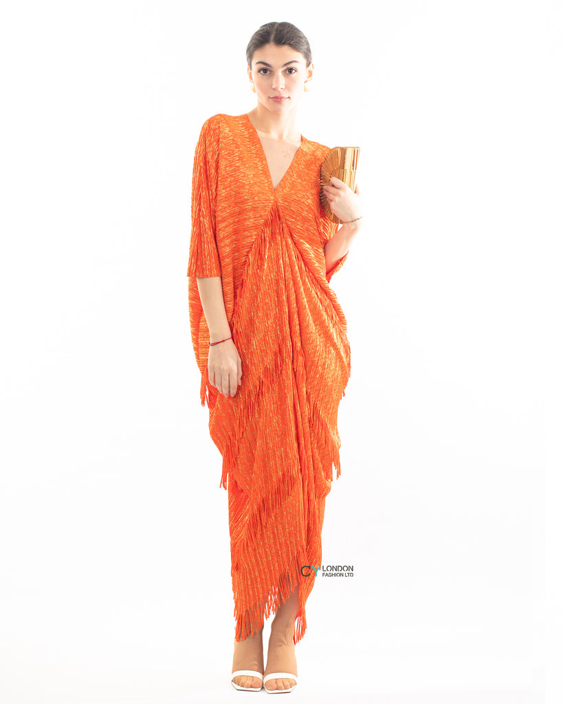 Layers Multi Fringed Tassel Pleated Midi Dress in Orange