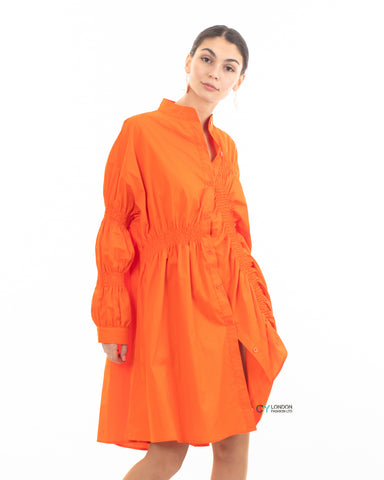 Asymmetry with Elasticated design cotton blend shirt dress in orange