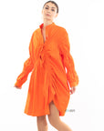Asymmetry with Elasticated design cotton blend shirt dress in orange