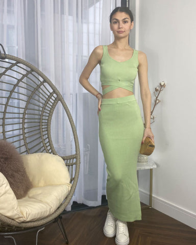 Knitted bodycon style vest top with tie up design and midi pencil skirt co-ords set in Green